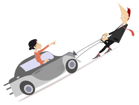 Man dragging a broken car with an angry woman in.
Tired man with a great effort dragging a broken car with angry woman on the ropeのイラスト素材