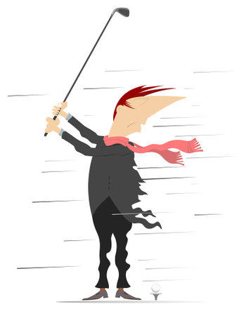 Strong wind and rain. Golfer man on the golf course. 
Wind. Bad weather. Cartoon golfer with a golf club tries to do a good shot. Isolated on whiteのイラスト素材
