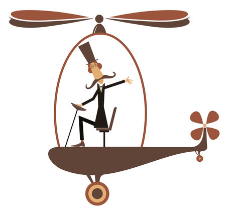 Funny man in the top hat flies on the helicopter. 
Funny long mustache pilot in the top flies on the helicopterのイラスト素材