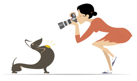 Proud dog and photographer woman. 
Dog show. Young photographer woman makes a shot of happy dog with a medalのイラスト素材