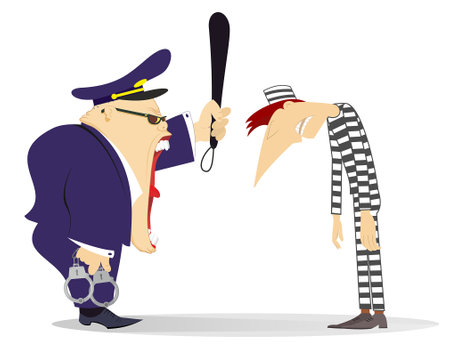 Shouting police officer and prisoner. Kneeling man confessing in criminal. 
Prisoner with down head stands in front of angry police officer with handcuffs and batonのイラスト素材