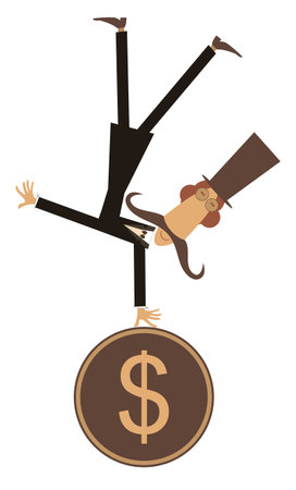 Cartoon man and dollar coin. Success in business. Gambling. Lottery.
 Cartoon long mustache man in the top hat balances on one hand head over heels on the dollar coin. Isolated onのイラスト素材