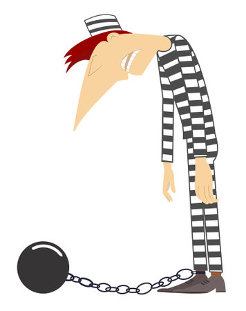 Sad prisoner man chained by an iron ball to his foot. 
Jail. Cartoon prisoner man with an iron ball chained to his footのイラスト素材
