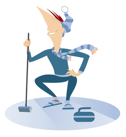 Smiling young man plays curling. Winter sport. 
Young man with a curling brush aiming a stone to a targetのイラスト素材