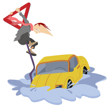 Man catches the road sign escapes from the flood.
Flood, man and sinking car. Man tries to escape from the flood catching the road signのイラスト素材