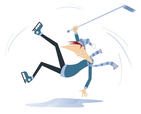 Falling down an ice hockey player. Winter sport. Cartoon an ice hockey player slips on the ice. Isolated on white backgroundのイラスト素材