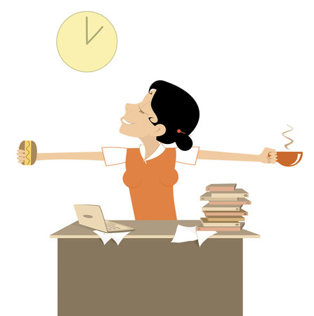 Business woman in the office drinking coffee or tea with sandwich. Office. Business woman sitting near the table and drinking coffee or tea hamburger. Isolated on white backgroundのイラスト素材