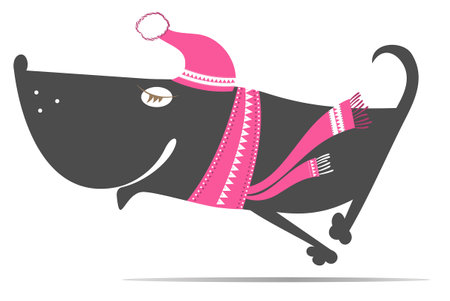 Cartoon running dog in the warm cloth. Cold weather. Happy running dog in the warm cloth. Isolated on white backgroundのイラスト素材