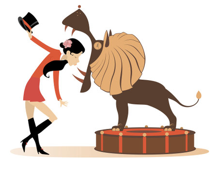 Circus. Deadly trick. The tamer trains the lion. Pretty tamer woman with a top hat is getting his head into the jaw of the lion. Isolated on white backgroundのイラスト素材
