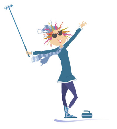Winter sport. Happy young woman plays curling. Happy young woman with a curling brush and a stone staying on the iceのイラスト素材