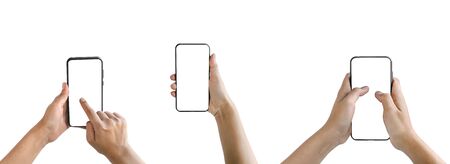 Human hand holding a smart phone black screen white Isolated on white backgroundの写真素材