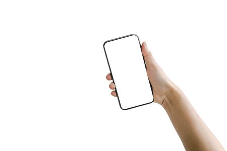 Human hand holding a smart phone black screen white Isolated on white backgroundの写真素材