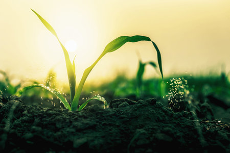 Corn grown on farmer's farms is growing. There is a mild sunlight in the evening.