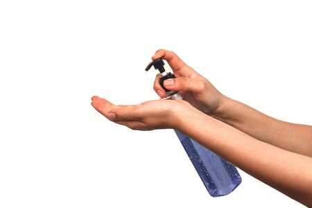 Young women use hand sanitizer to kill germs. Isolated on white backgroundの写真素材