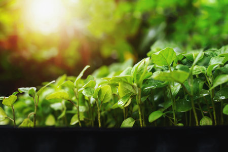 Farmer's seedlings planted in planting traysの写真素材