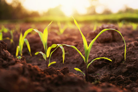 Corn grown on farmer's farms is growing. There is a mild sunlight in the evening.の写真素材