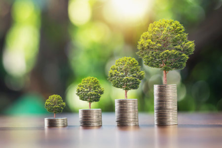 coins stack with step growing plant and sunshine background. concept saving moneyの写真素材