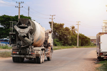 Cement trucks are on their way to pour cement into the work area.の写真素材