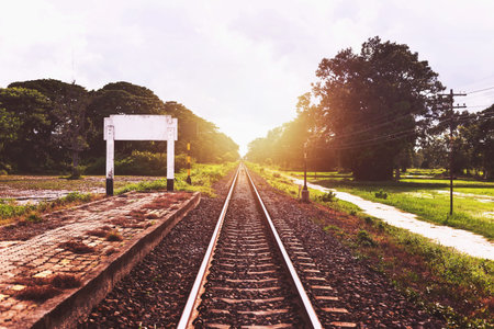 Rural train tracks with beautiful nature on both sides of the road