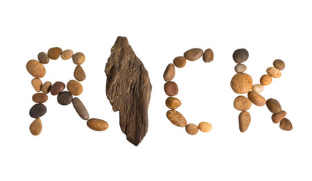 Word 'ROCK' made by small rocks on isolate background.