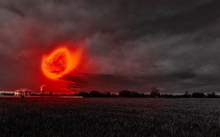 Red big Meteorite are hitting the house on the rice field