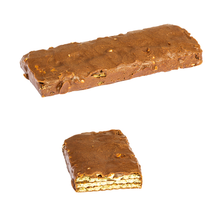 Sweet wafer covered with chocolate isolated on white backgroundの写真素材