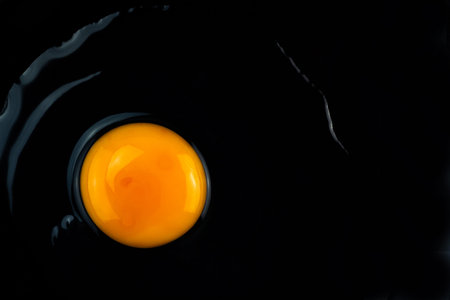 Raw eggs and yolks without a shell on dark backgroundの写真素材