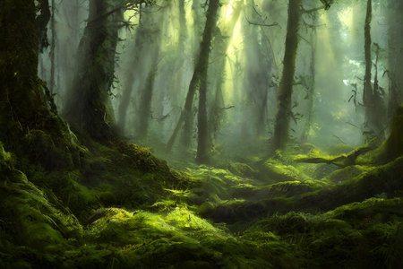 Green Mossy Forest in the Morning Sunlight with Fog and Fogの素材