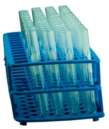 Rack of test tubes on white backgroundの写真素材