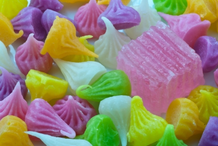 Different thai desserts, cubic and water drop shape, close upの写真素材