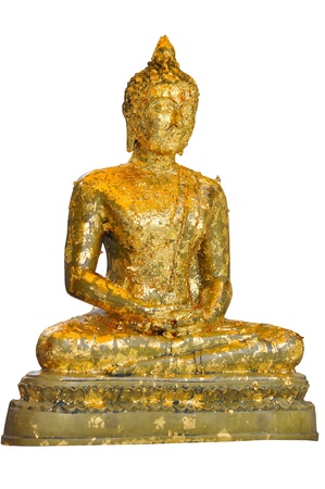 Buddha image with gold leaf isolated on white backgroundの写真素材