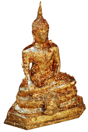 Buddha image with full gold leaf isolated on white backgroundの写真素材