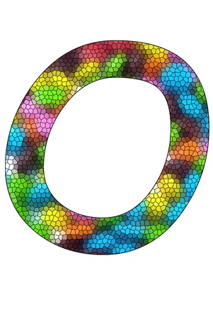Colorful candies lay in letter O with stained glass effect in front of white backgroundの写真素材