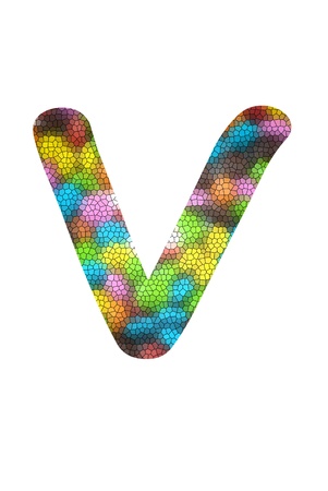 Colorful candies lay in letter V with stained glass effect in front of white backgroundの写真素材