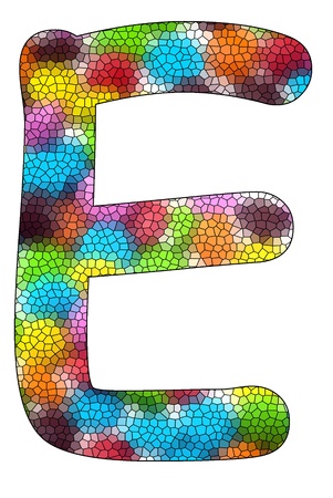 Colorful candies lay in letter E with stained glass effect in front of white backgroundの写真素材