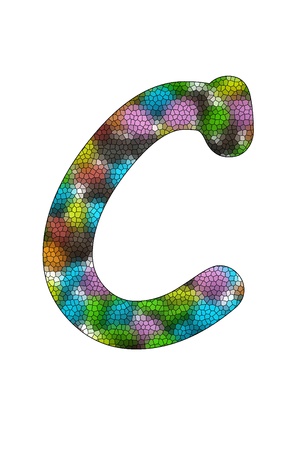 Colorful candies lay in letter C with stained glass effect in front of white backgroundの写真素材