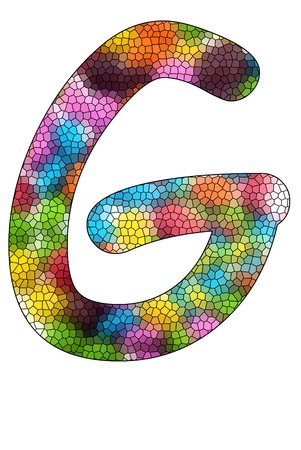 Colorful candies lay in letter G with strained glass effect in front of white backgroundの写真素材