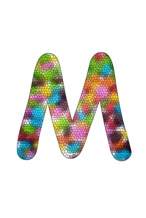 Colorful candies lay in letter M with strained glass effect in front of white backgroundの写真素材