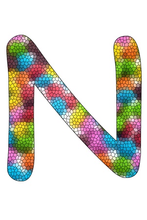 Colorful candies lay in letter N with strained glass effect in front of white backgroundの写真素材