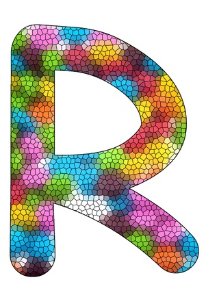 Colorful candies lay in letter R iwith strained glass effect n front of white backgroundの写真素材