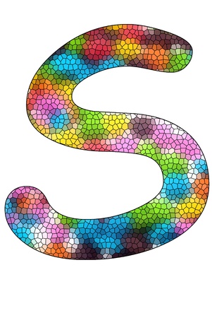 Colorful candies lay in letter S with strained glass effect in front of white backgroundの写真素材