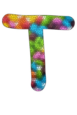 Colorful candies lay in letter T with strained glass effect in front of white backgroundの写真素材