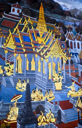 Traditional Thai painting art about Ramayana story on temple wall, Wat Prakaew, Bangkokのeditorial素材