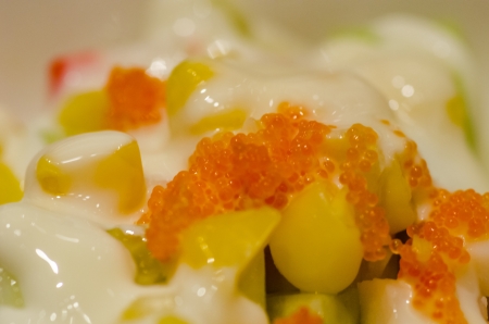 a salad with shrimp egg close upの写真素材