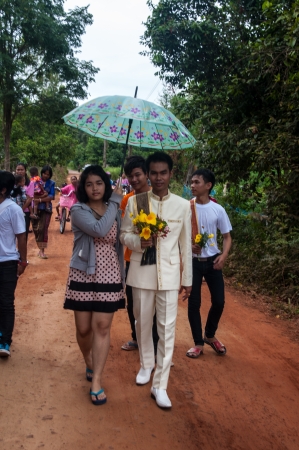 Asian thai couple bride and bridegroom in thai wedding suit at wedding ceremonyのeditorial素材