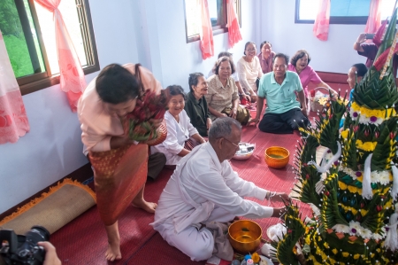 Asian thai couple bride and bridegroom in thai wedding suit at wedding ceremonyのeditorial素材