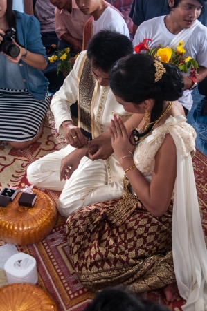 Asian thai couple bride and bridegroom in thai wedding suit at wedding ceremonyのeditorial素材