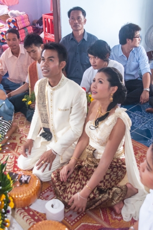 Asian thai couple bride and bridegroom in thai wedding suit at wedding ceremonyのeditorial素材
