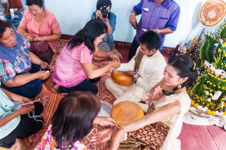 Asian thai couple bride and bridegroom in thai wedding suit at wedding ceremonyのeditorial素材