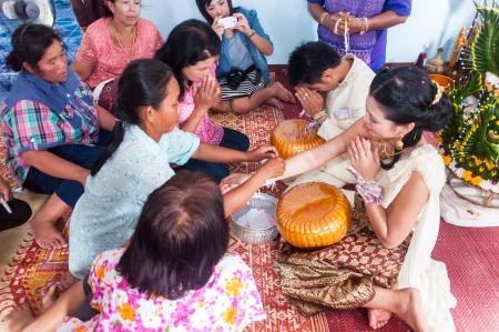 Asian thai couple bride and bridegroom in thai wedding suit at wedding ceremonyのeditorial素材